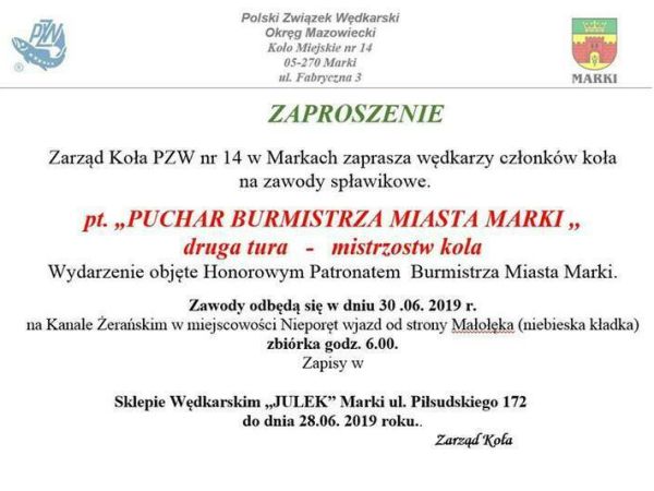 Zawody spławikowe mistrzowskie o Puchar Burmistrza Miasta Marki
